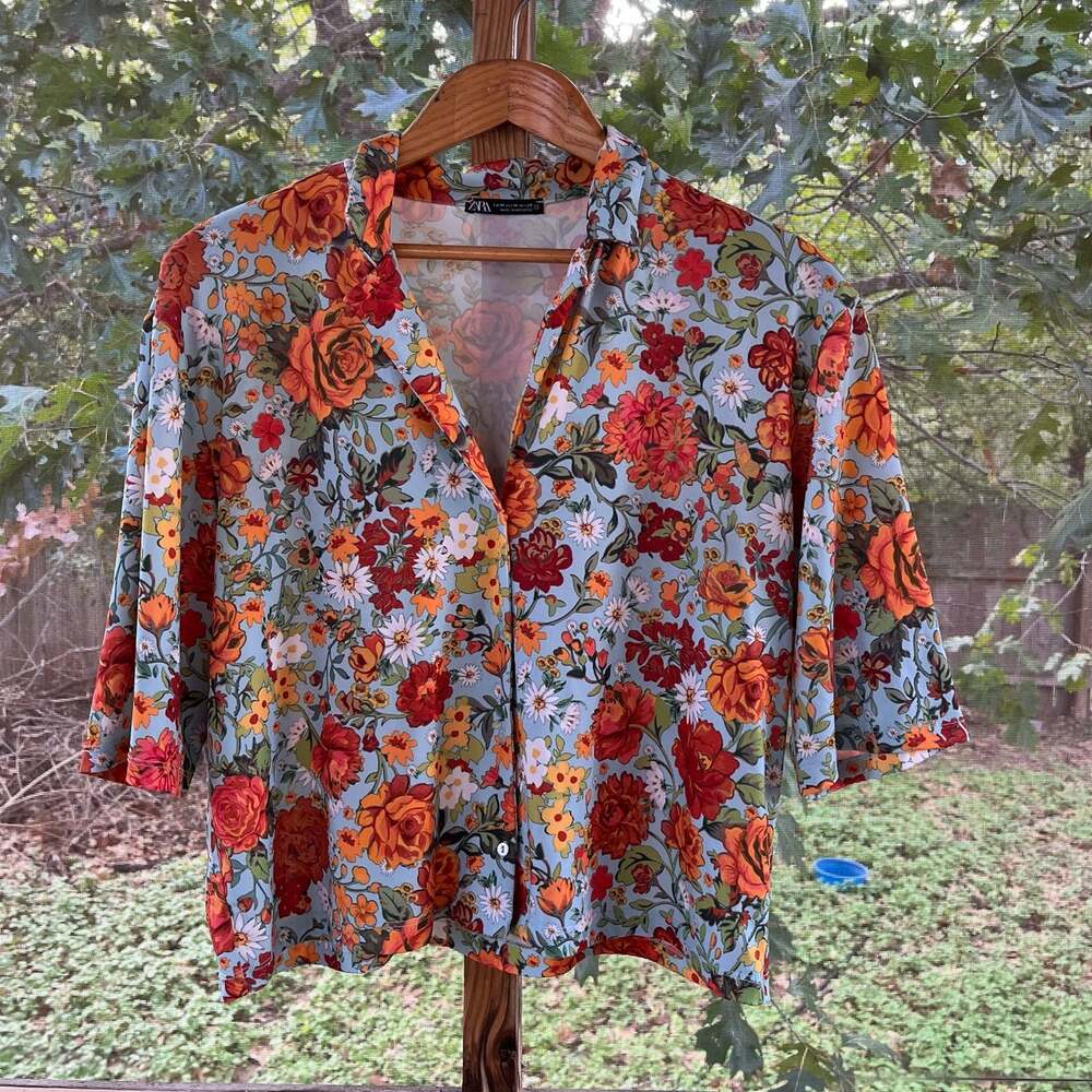 Zara Women's Blue & Orange Floral Print Short Sleeve Top Size M